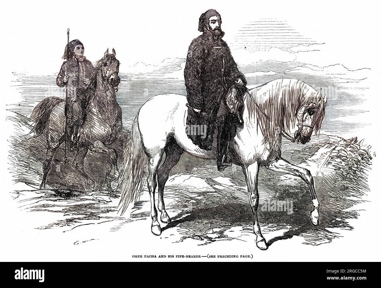 OMER (or Omar) PASHA real name: Michael Lattas (1806 - 1871), Croatian-born general in the Turkish army, on horseback with his pipe-bearer during the Crimean War. Stock Photo