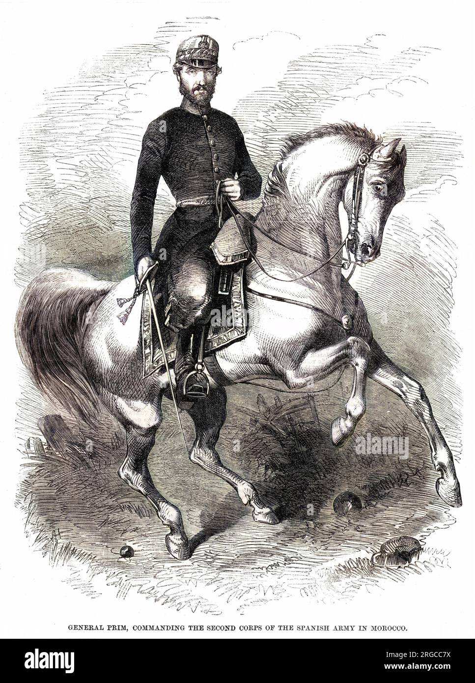JUAN PRIM Y PRATS (1814 - 1870), marques de los Castillejos Spanish soldier and statesman on horseback during his Moroccan campaign. Stock Photo