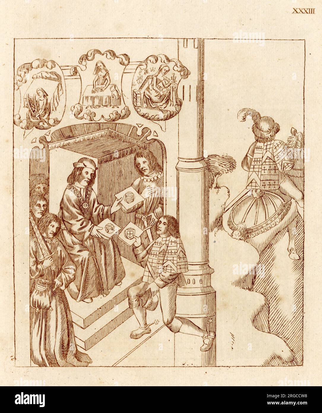 Richard Beauchamp, Earl of Warwick, sends a messenger to the French court bearing letters with an invitation to a joust. Above, three of his pavises, or shields, are shown, each depicting a female figure, one harping, another working pearls, and a third making a chapelet. Stock Photo