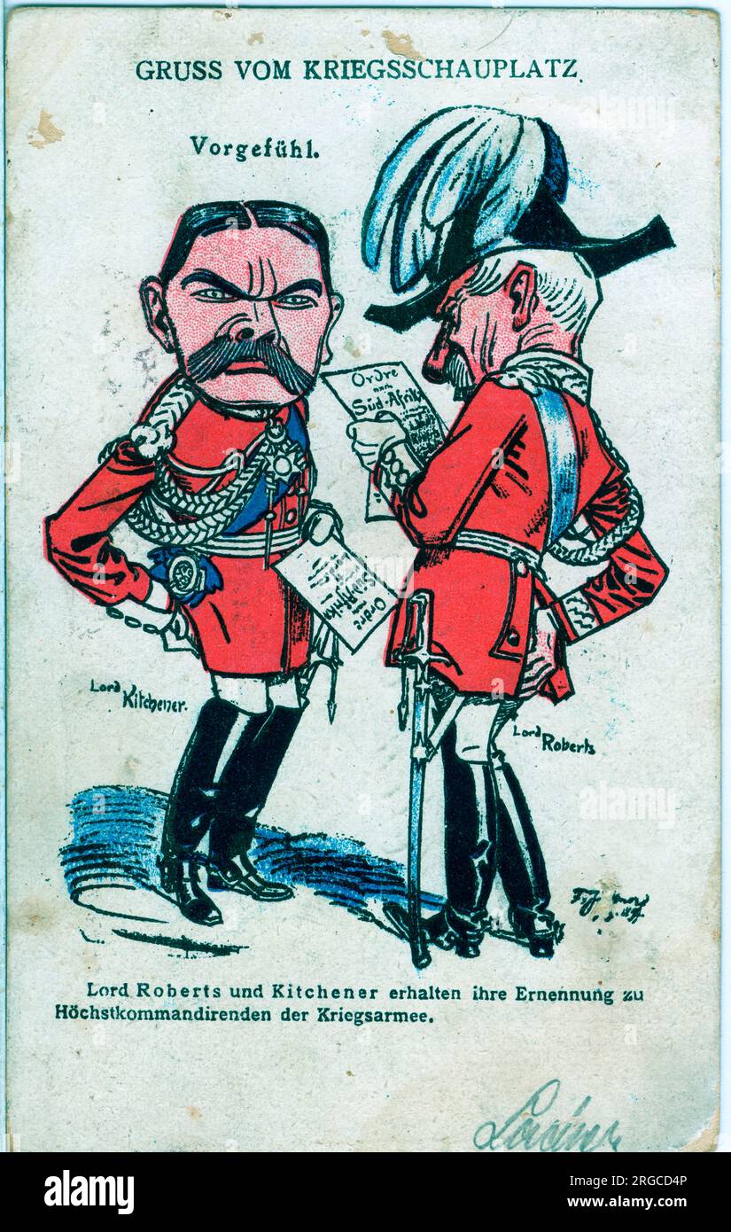 Both have been ordered to High Command in South Africa and both have found, or will do so, that the tactics used in India would not work against the Boers. Card posted in Munich, 13 April 1900. Stock Photo