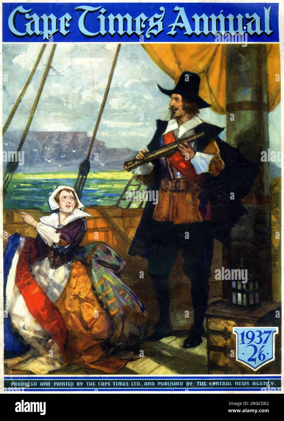 Cover design, Cape Times Annual, Arrival of Jan Van Riebeeck, Dutch navigator and colonial administrator, in the Cape, South Africa, 6 April 1652 Stock Photo