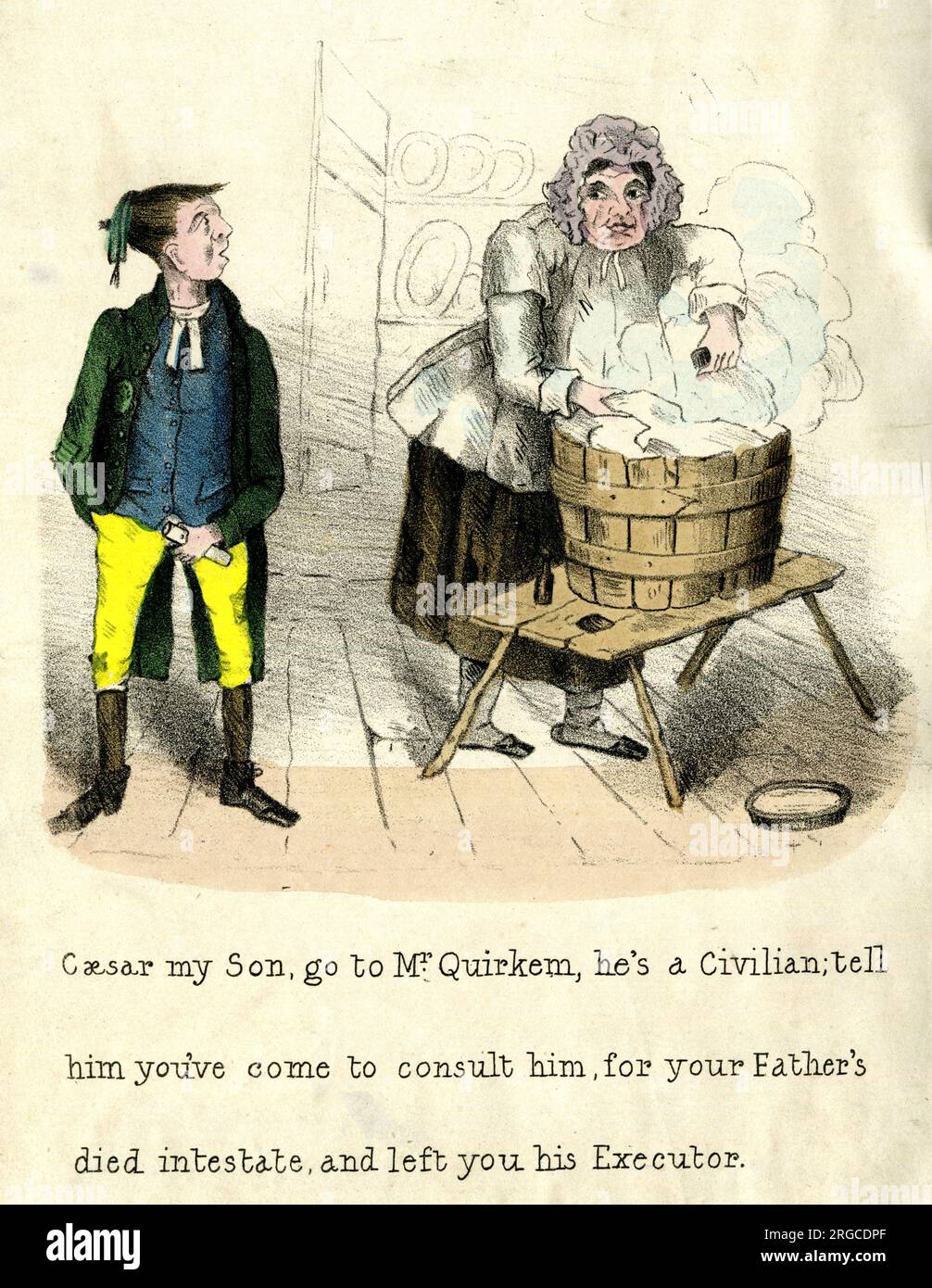 Georgian cartoon, mother and son - Caesar my son, go to Mr Quirkem, your Father's died intestate, and left you his executor.   (1 of 2) Stock Photo