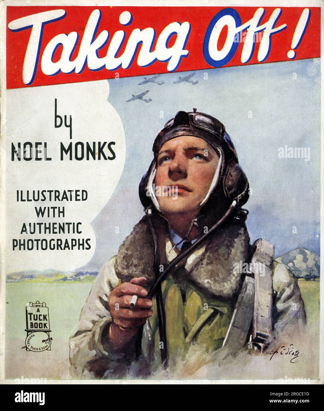 Cover design, Taking Off!  by Noel Monks, showing an RAF pilot looking up at the sky Stock Photo