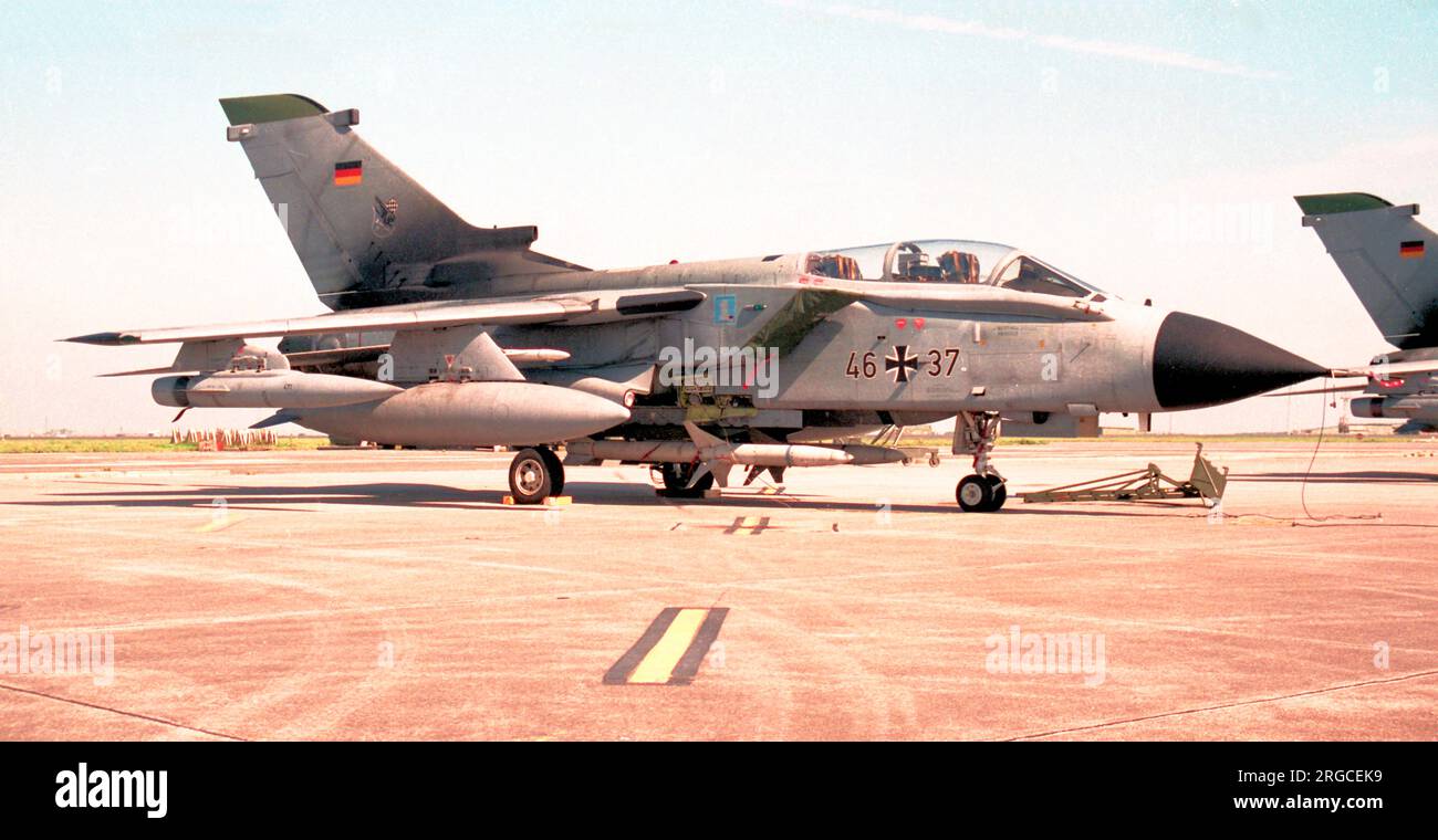 Luftwaffe - Panavia Tornado ECR 46+37 (msn GS270), of JagdBomberGeschwader 32, at RAF St Mawgan on 10 September 1997. Stock Photo