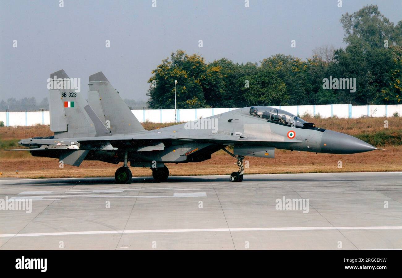 Indian Air Force - Sukhoi Su-30MKI SB323 of No.102 Squadron 'Trisonics'. Stock Photo