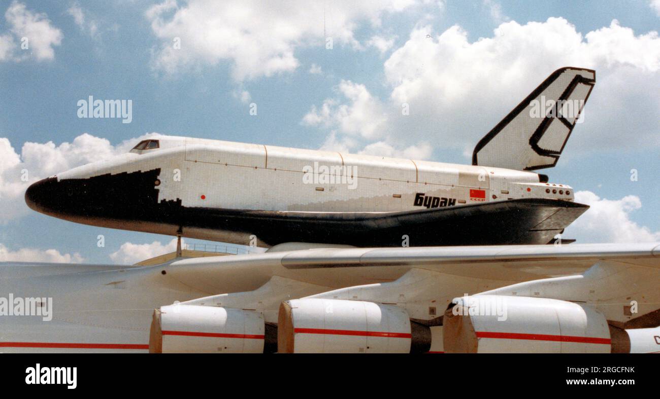 Buran space shuttle sat on the Antonov An-225 Mriya, at the 1989 Paris Air Show. Stock Photo