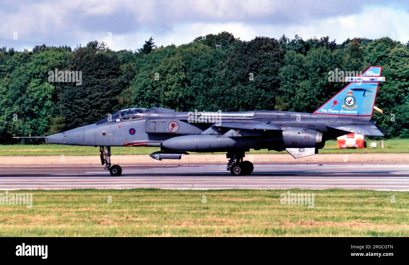 Royal Air Force - SEPECAT Jaguar GR.1A XZ112 (msn S.113), of No.6 Squadron, at RAF Coltishall, fitted with a CBLS on the centreline pylon. (CBLS - Carrier, Bomb, Light Store) Stock Photo