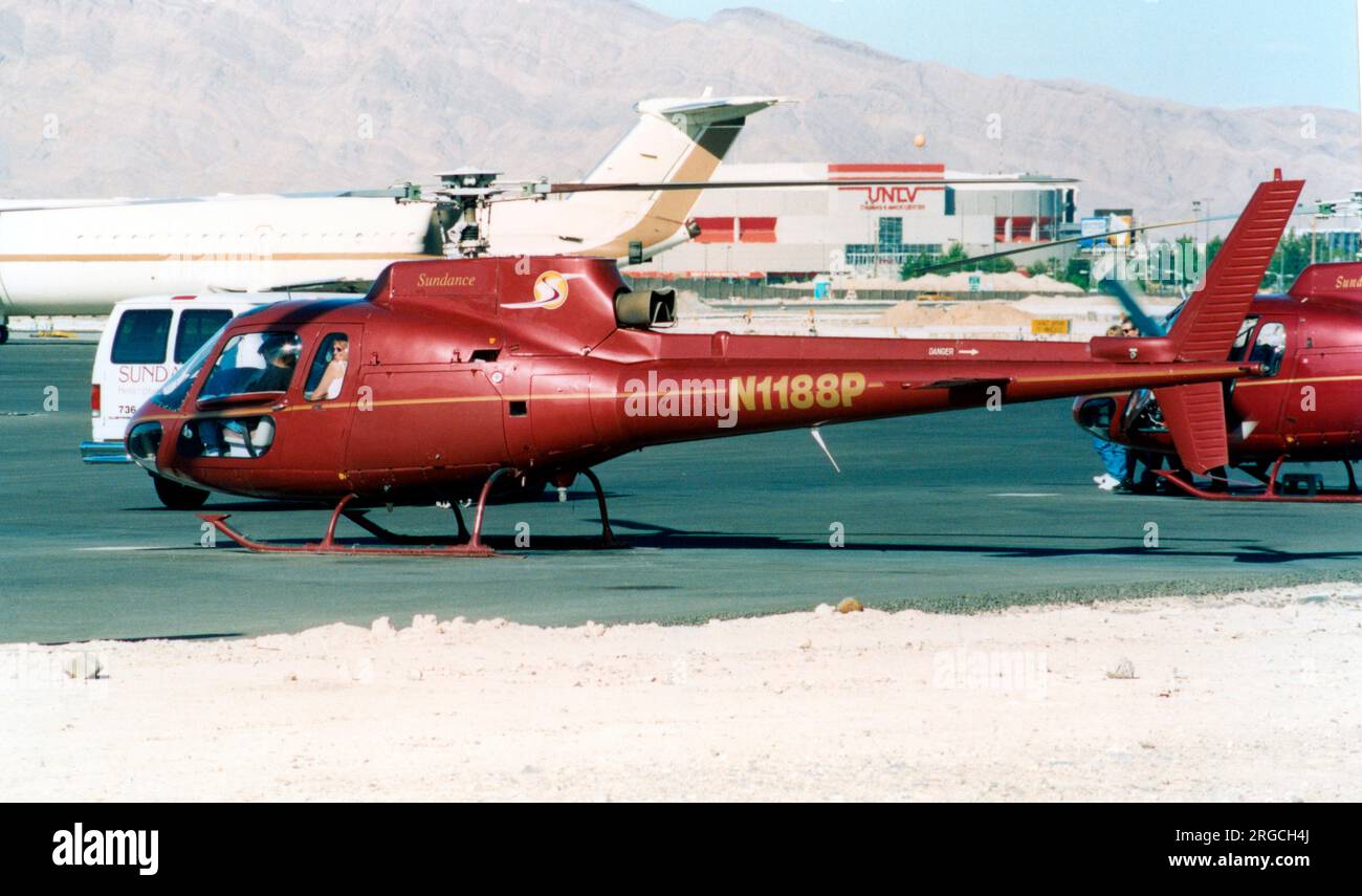 Aerospatiale AS350BA Squirrel N1188P (msn 2347), of Sundance Helicopters at Las Vegas International Airport in April 1997. Stock Photo