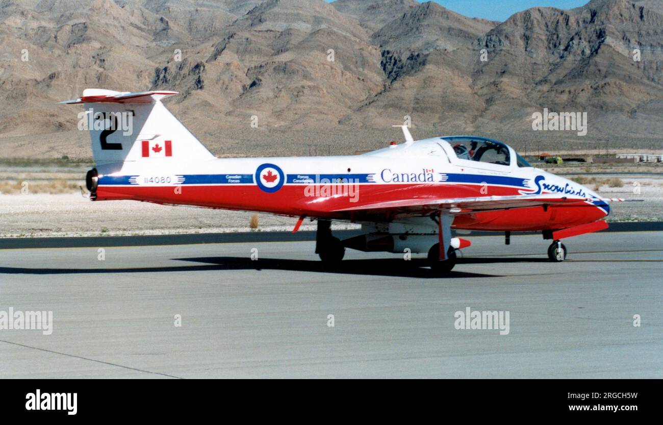 Canadian Armed Forces - Canadair CT-114 Tutor 114108 - no. 2 (msn 1108) of the Snowbirds formation aerobatic team, at the Nellis Air Force Base '50th Anniversary of the USAF' airshow on 26 April 1997. Stock Photo