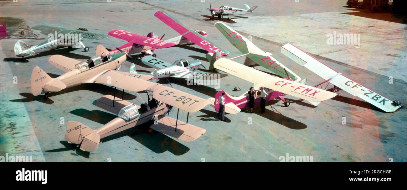 A selection of Canadian registered light aircraft and gliders, L to R, top to bottom:- CF-FPH, a Cessna 195; CF-EUM, a Piper PA-12; CF-FKL, a Beech 33 Bonanza; CF-ZAI, a glider; CF-ZBK, a Fleet-built Fairchild M-62 Cornell; CF-DIA, an Ercoupe 415C; CF-FMX, an Aeronca 11AC Chief; CF-BQT, a Canadian -built DH.82 Tiger Moth. Stock Photo