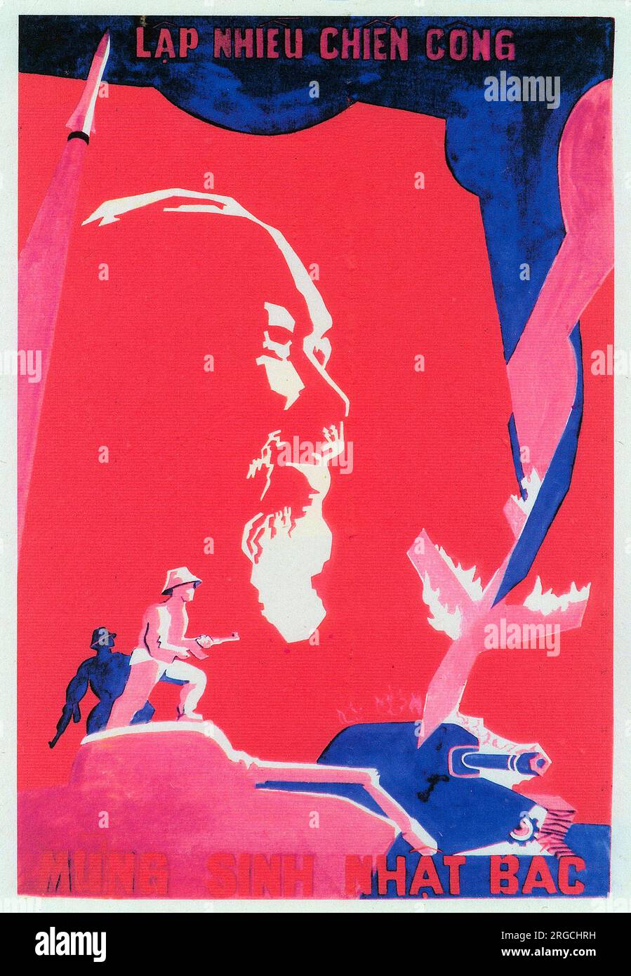 Vietnamese Patriotic Poster - the spectral visage of Ho Chi Minh watching on in pride as the Viet Cong forces destroy American tanks, shoot down aircraft and launch missiles at their enemy in celebration of his Birthday! 'Achieve Many Victories'! Stock Photo