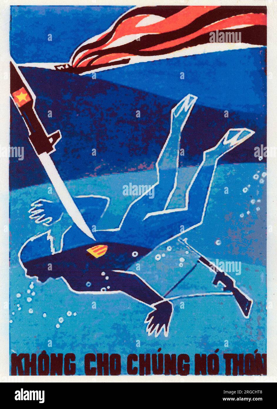 Vietnam War - Vietnamese Patriotic Poster - 'Do not let them pass'! Amphibious American Frogman bayoneted by a Viet Cong Soldier. Stock Photo