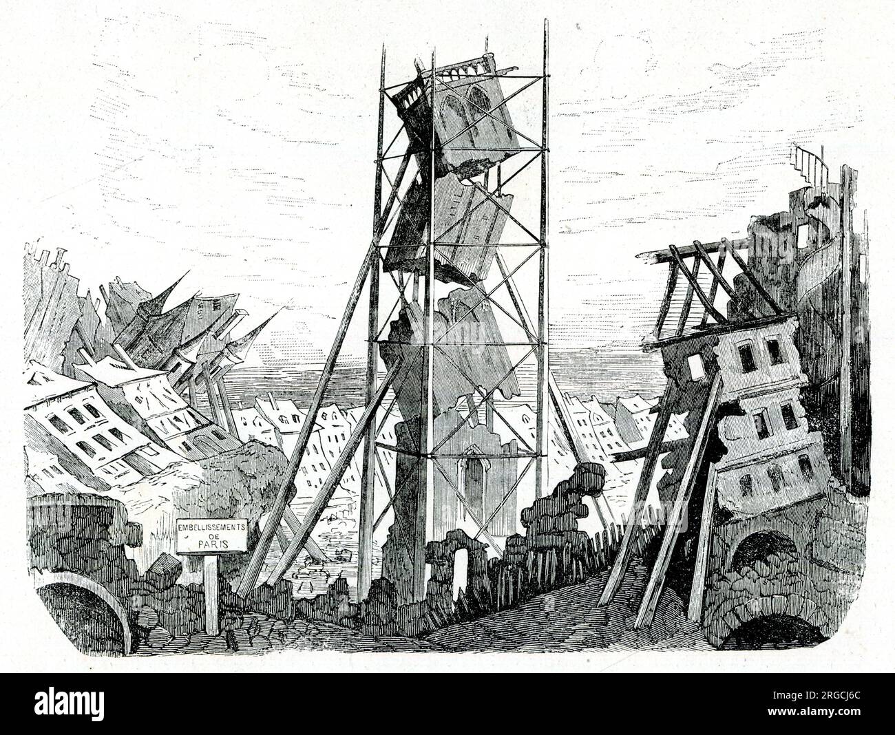 Satirical cartoon, broken tower with scaffolding - the embellishments of Paris - a comment on the urban renewal carried out by Baron Haussmann, appointed by Napoleon III. Stock Photo