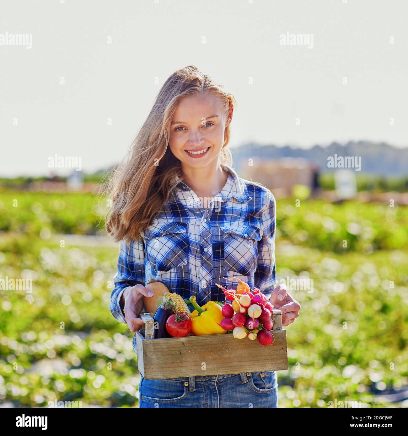 Woman holding wooden crate with fresh organic vegetables from farm ...