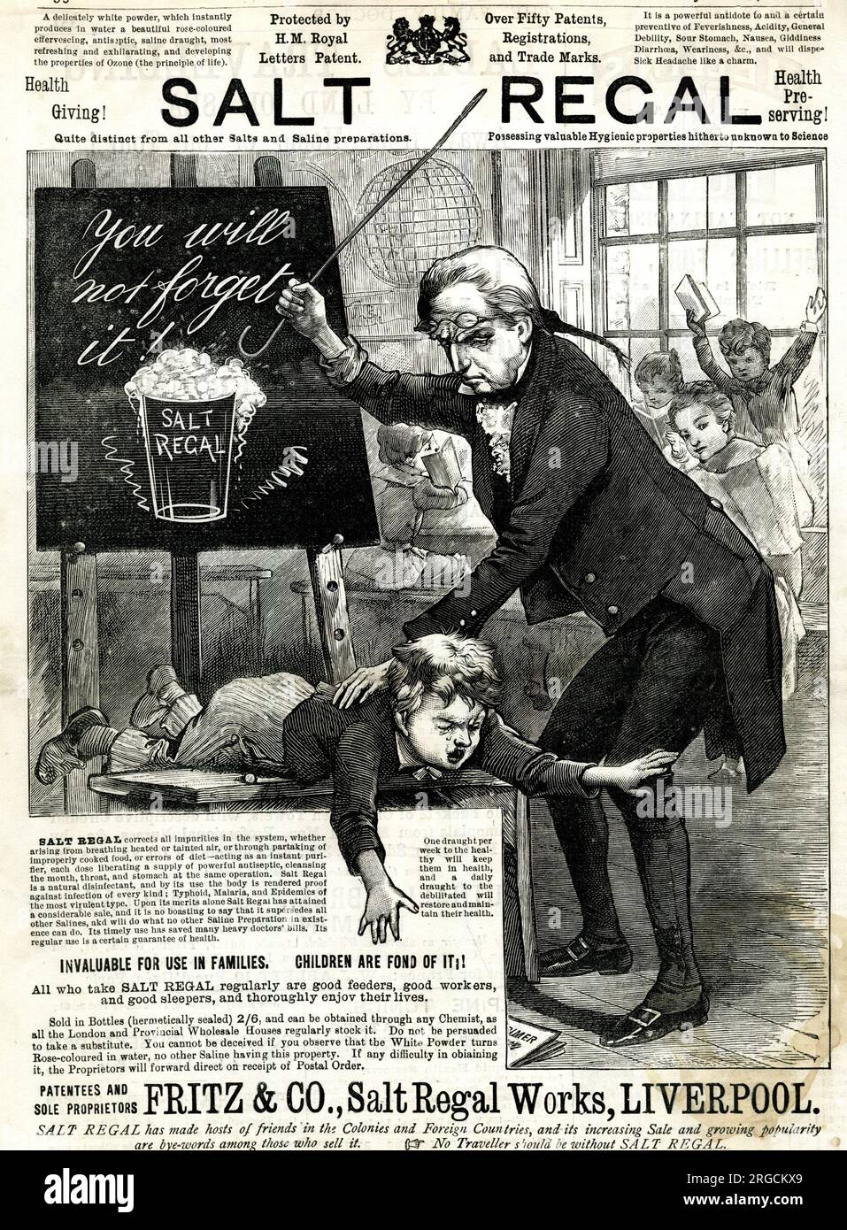Advert, Salt Regal, Fritz & Co, Liverpool - teacher caning a schoolboy Stock Photo