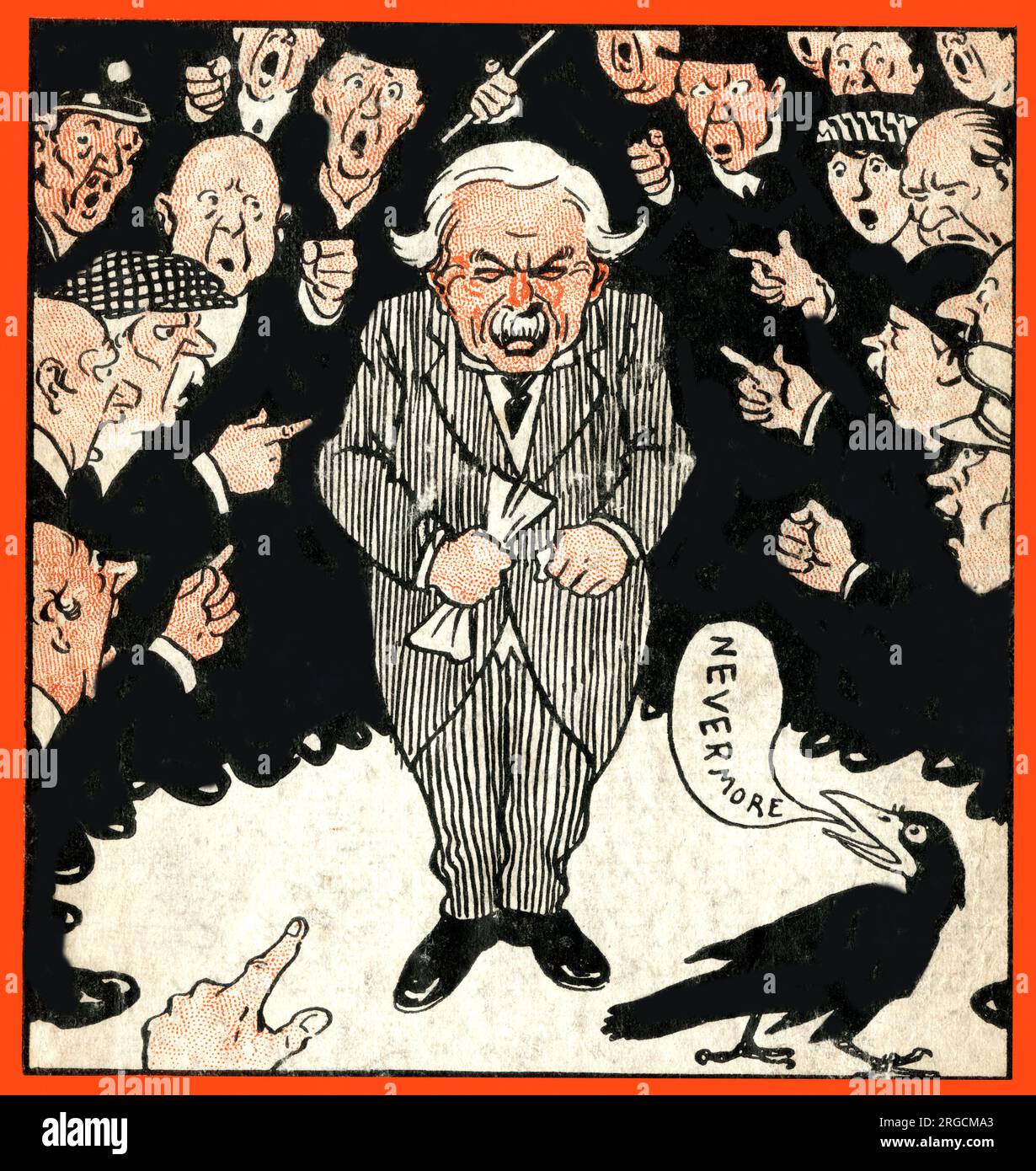 Cartoon, Quoth the Raven, with Prime Minister David Lloyd George surrounded by people pointing the finger at him. Stock Photo