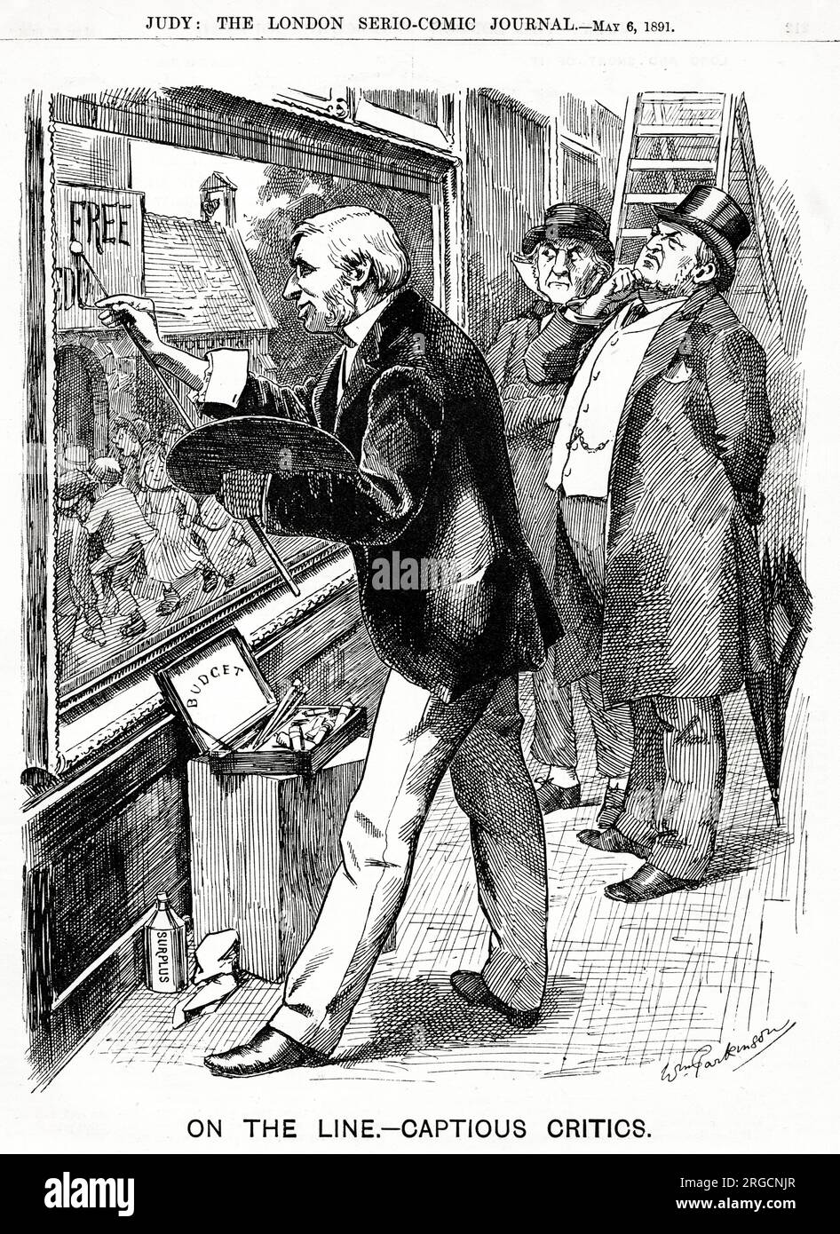 Political cartoon, On the Line - Captious Critics - Free Education Budget, George Goschen (then Chancellor of the Exchequer) depicted as an artist, William Ewart Gladstone and William Harcourt. Stock Photo