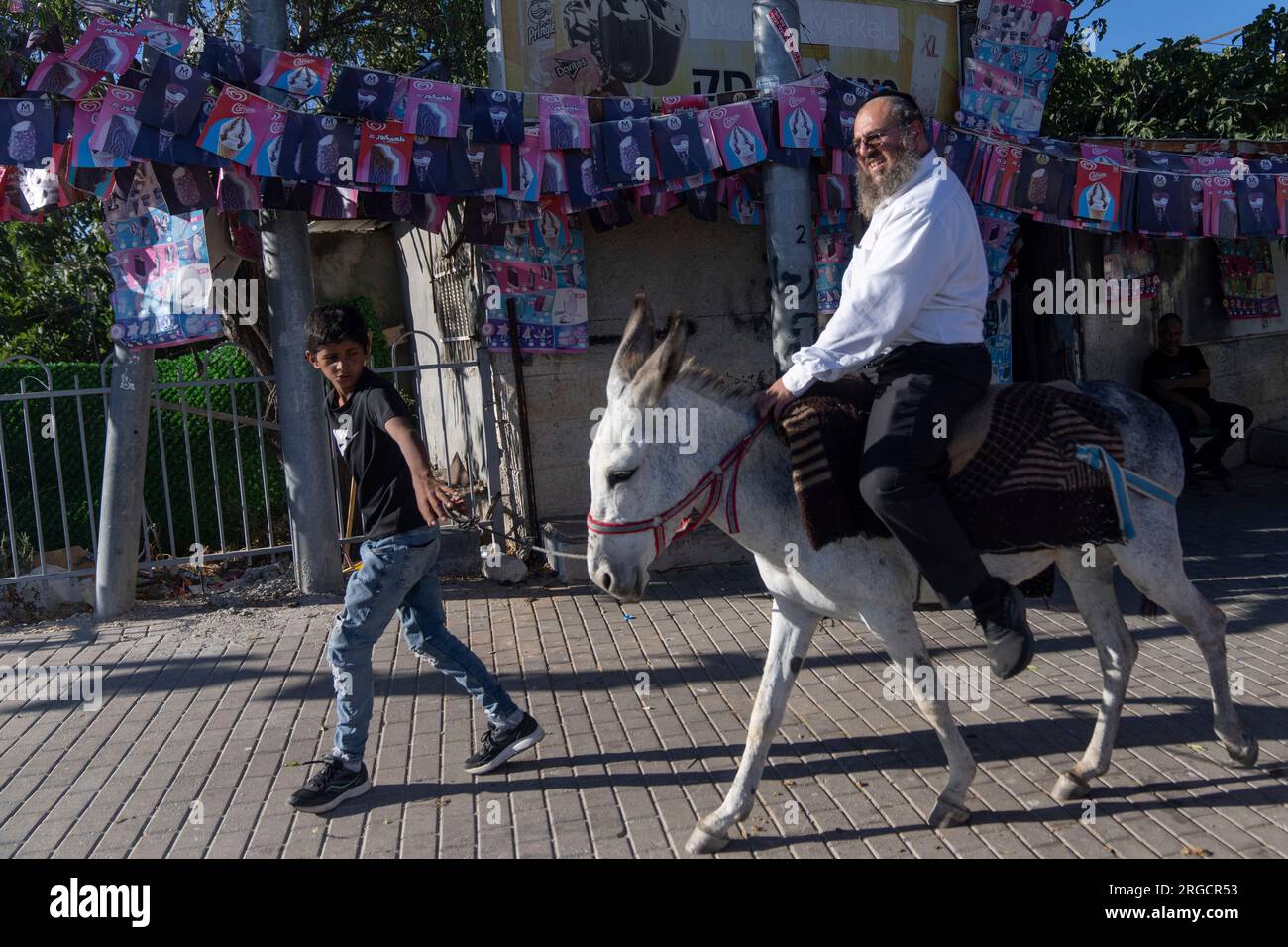 An ultra-Orthodox Jewish man rides a donkey led by a Palestinian at the ...