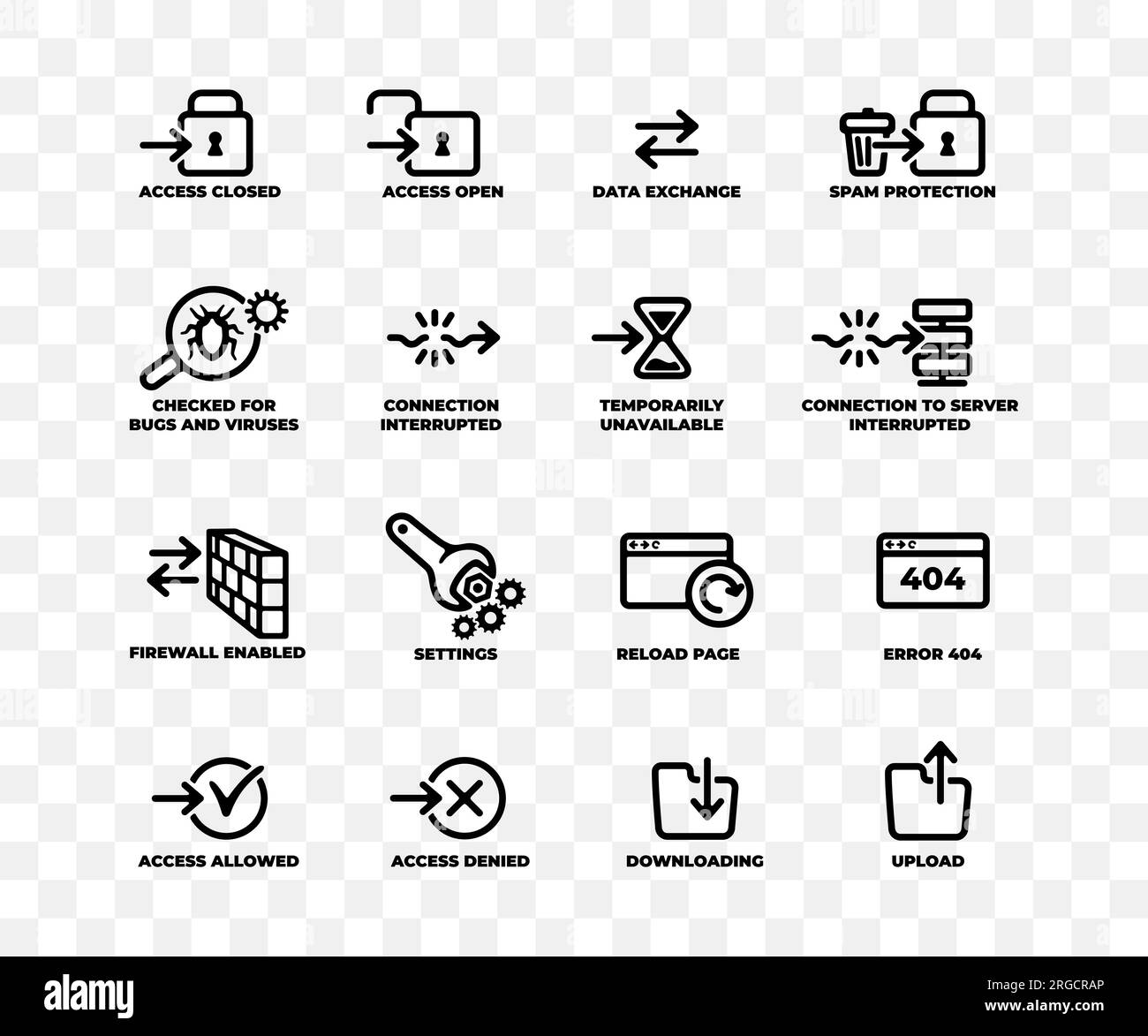 Set of computer web icons, internet and network, linear graphic design. Technology, innivation, server, hosting, cyber security and data protection Stock Vector