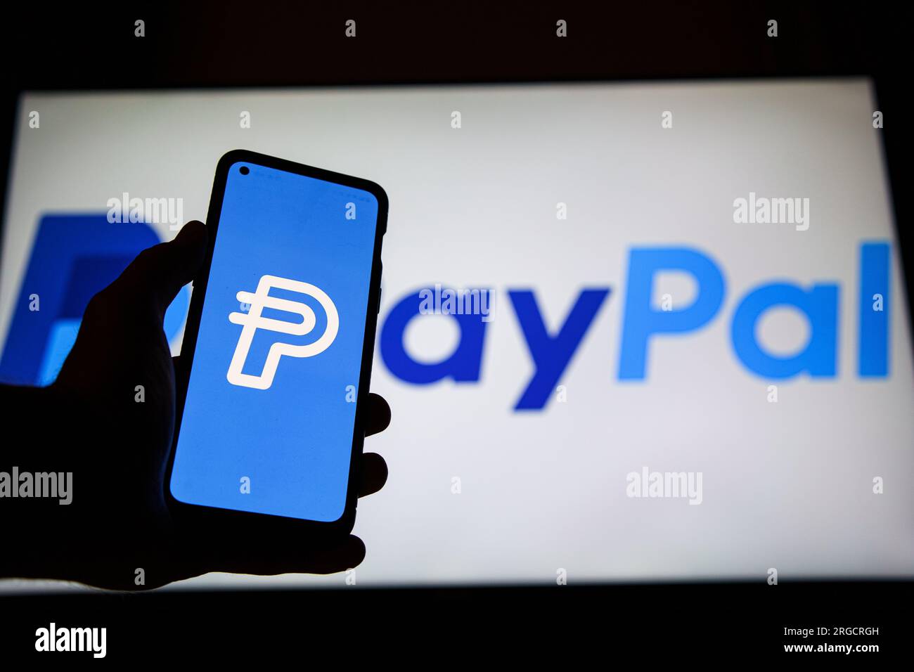 VIlnius, Lithuania - 2023 August 8: PayPal stablecoin logo on screen. PayPal Launches U.S. Dollar Stablecoin. High quality photo Stock Photo