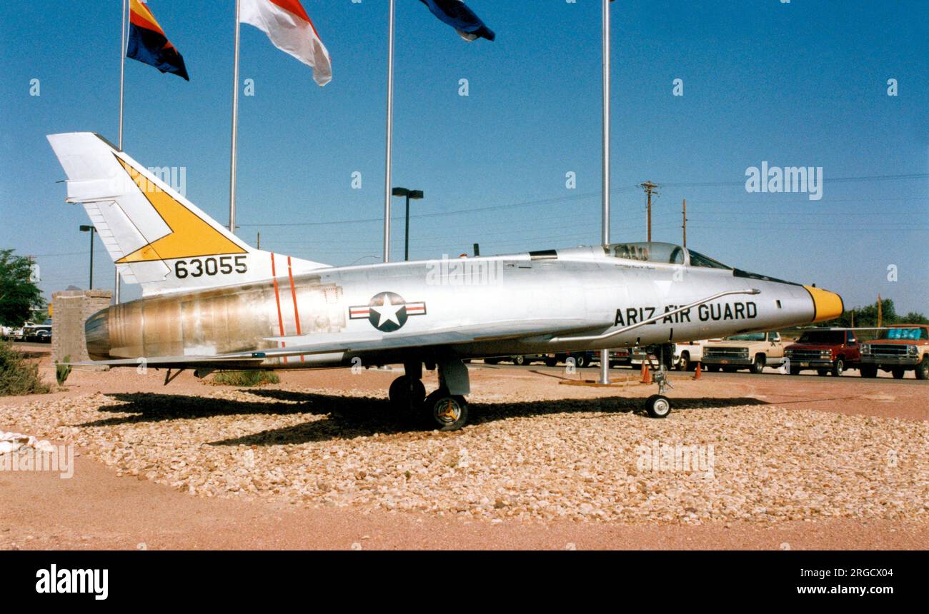 North American F-100D-70-NA Super Sabre 56-3055 (msn 235-153), marked as '572' in front of the Arizona Air National Guard HQ. Stock Photo