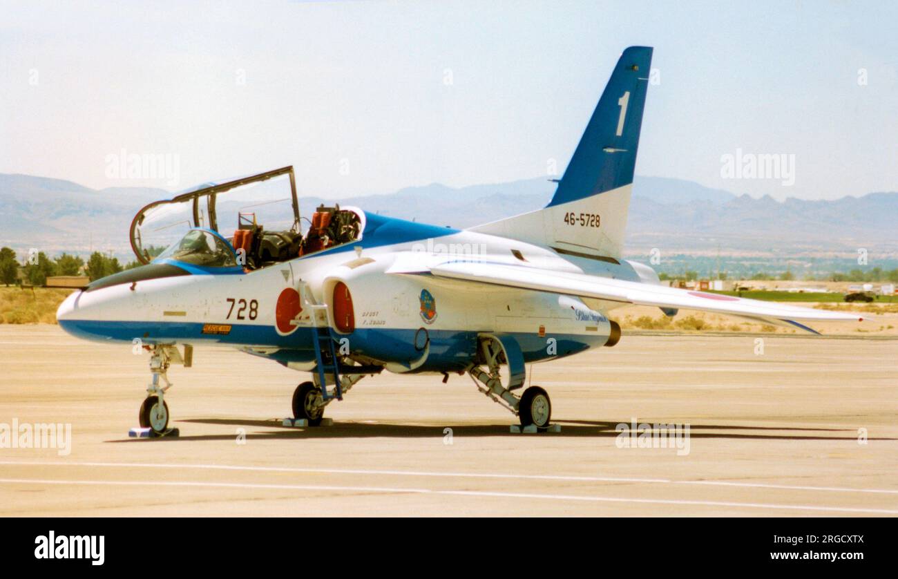 Japan Air Self Defence Force - Kawasaki T-4 46-5728 / number 1 (msn 1128), of the Blue Impulse aerobatic display team, at the Nellis Air Force Base '50th Anniversary of the USAF' airshow on 26 April 1997. Stock Photo