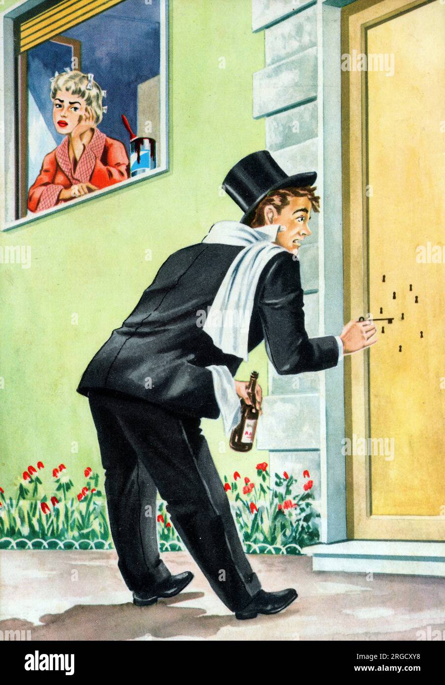 Italian comic postcard - a young man (rather worse for wear) returns home after a posh (yet boozy) night out only to be befuddled by his less-than-pleased (but pretty cunning) wife, who has painted multiple additional keyholes on the front door, further confusing the young dandy's addled brain!! Stock Photo