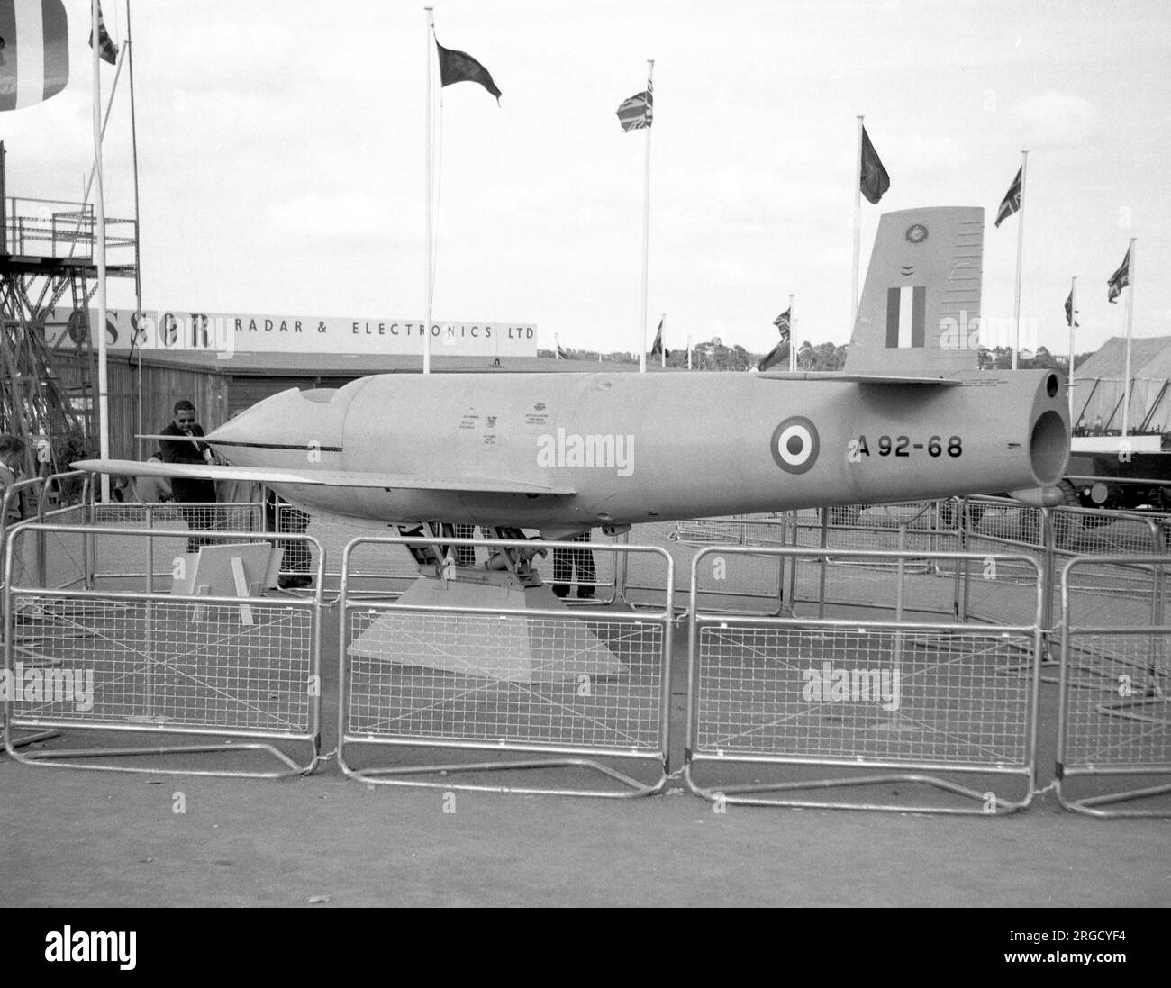 Royal Australian Air Force - Government Aircraft Factories Jindivik Mk.2 A92-68 (msn 48), at the SBAC Farnborough Air-show, held from 1-7 September 1958. This target drone was modified by Fairey in Hayes to Mk.103 standard for the RAF, as XN804, but believed to have been retained by Fairey as a reference aid. Stock Photo