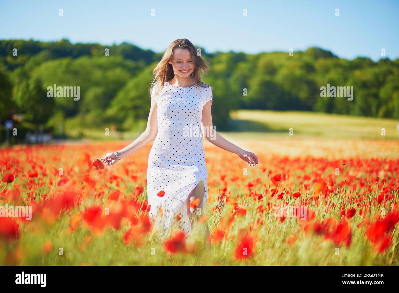 Beautiful young woman in white dress walking in poppy field on a summer ...