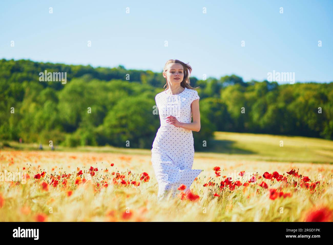 Beautiful young woman in white dress walking in poppy field on a summer ...