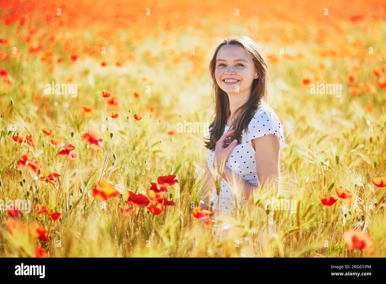 Beautiful young woman in white dress walking in poppy field on a summer ...
