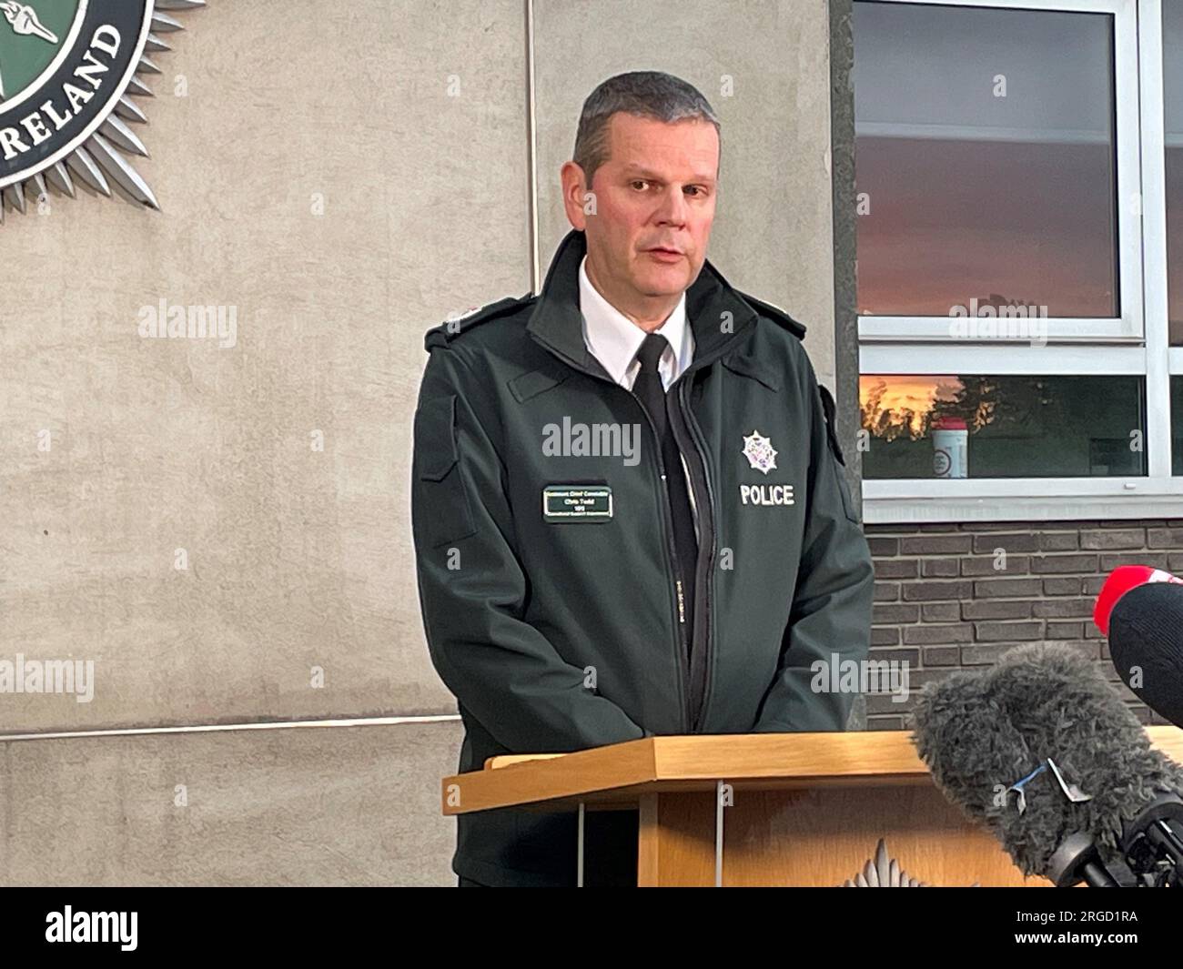 Police Service of Northern Ireland (PSNI) Assistant Chief Constable Chris Todd speaks to media about a data breach involving officers and civilian staff, at PSNI headquarters, in the Knock area of east Belfast. The breach reportedly involves names, ranks and other personal data, but does not involve the officers' and civilians' private addresses, it is understood. Picture date: Tuesday August 8, 2023. Stock Photo