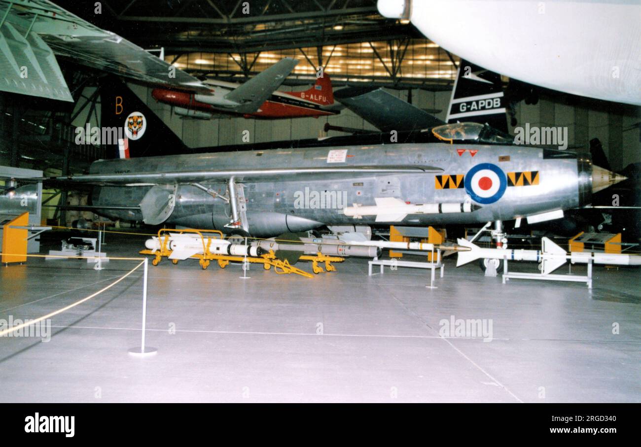 English Electric Lightning F.1A XM135 (msn 95031), at Duxford. This aircraft jumped the chocks at RAF Lyneham and flew a circuit with no canopy or functioning ejection seat. The 'pilot' was 'Taffy' Holden, an engineering officer, who managed to land safely. Unsurprisingly he suffered trauma from the incident and became OC Training Wing, No.1 School of Technical Traing at RAF Halton. Stock Photo