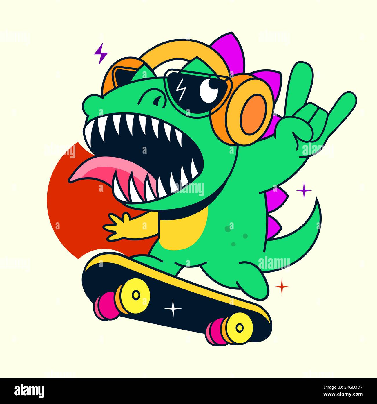 Vector illustration of skateboarding dinosaur with doodle design for ...