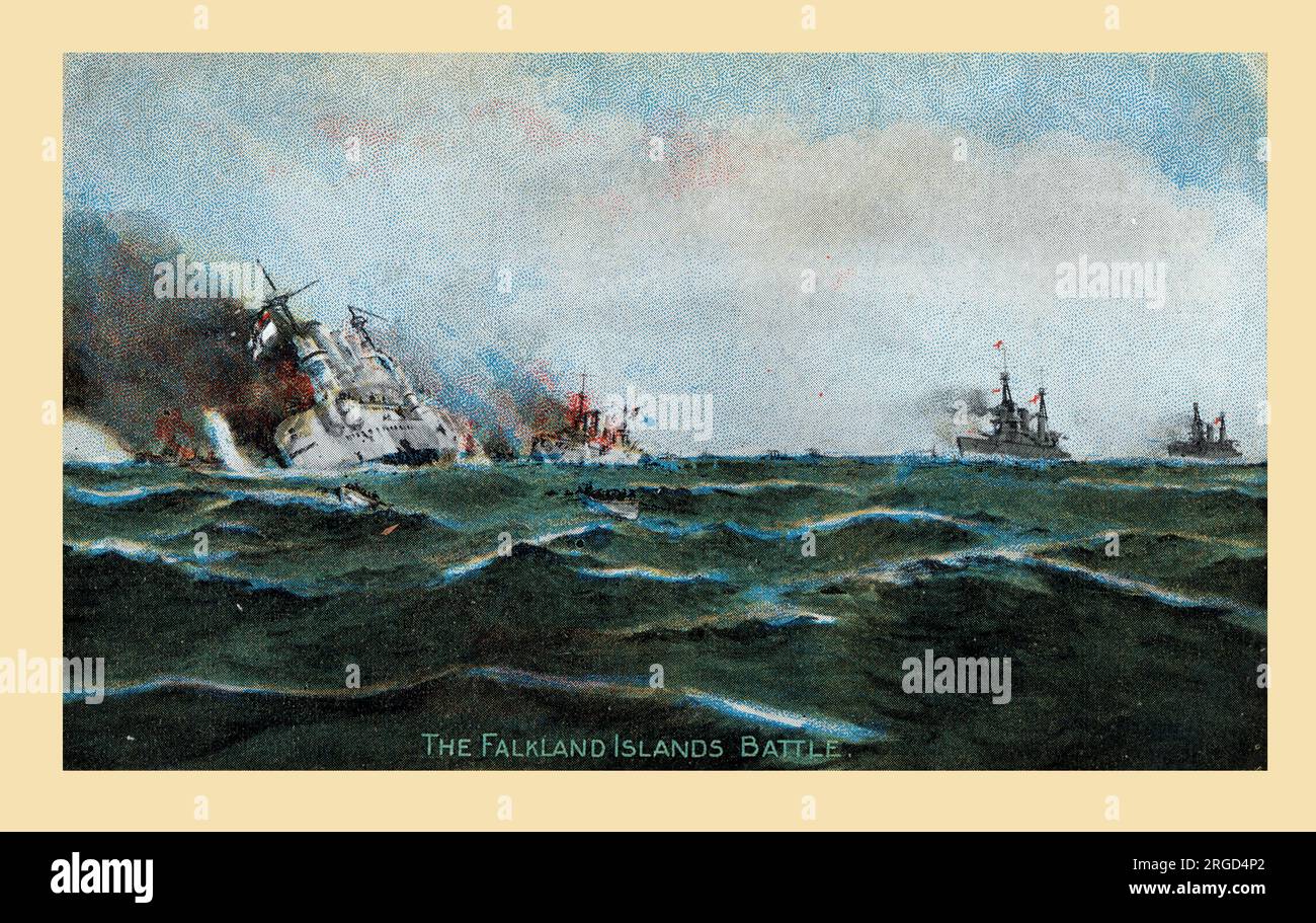 WW1 - The Falkland Islands Battle, December 1914. The arrival of the 'Invincible' (the flagship of Vice-Admiral Sir F. D. Sturdee) and 'Inflexible' turns the tide of the battle against the German fleet under Admiral Von Spee. The 'Scharnhorst' (Flagship) sank first, followed by the 'Gneisenau', 'Leipzig' and 'Nurnberg'. Stock Photo
