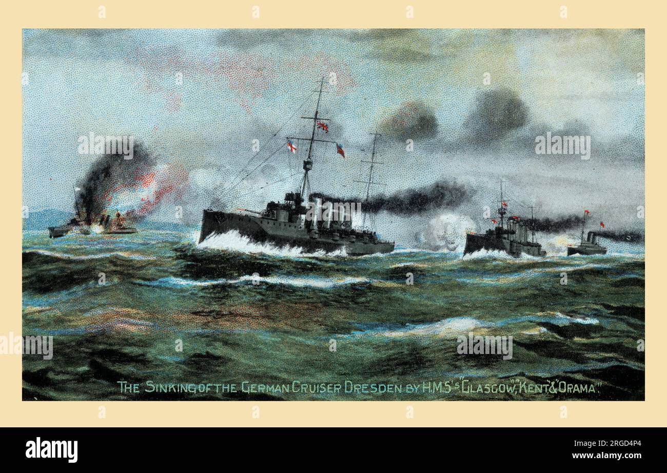 WW1 - Sinking of the Dresden by HMS Glasgow, Kent and Orama - Scuttled off Robinson Crusoe Island (Juan Fernandez Island), on March 14, 1915. Stock Photo