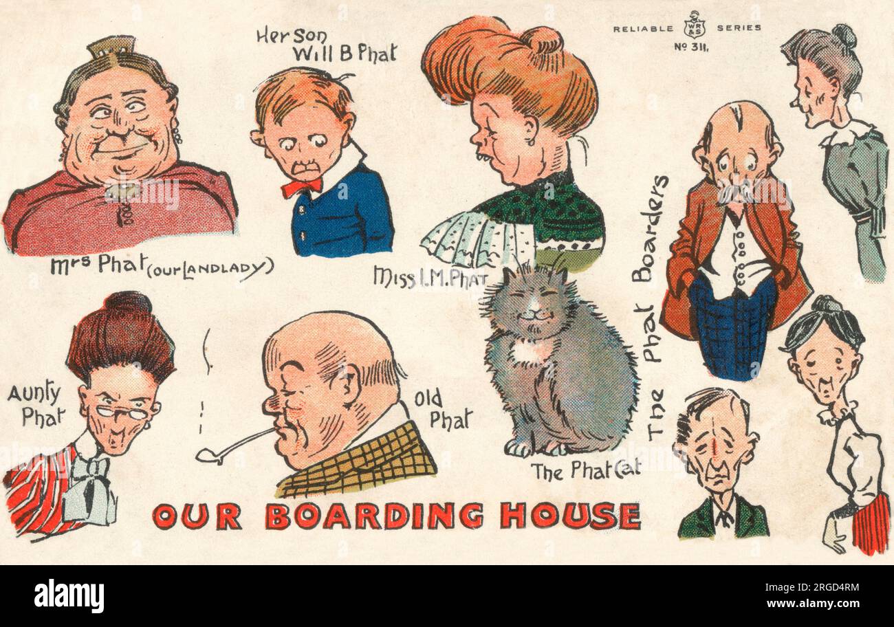 Our Boarding House - the characters who reside within: Mrs Phat (our Landlady), her son Will B. Phat, Miss I. M. Phat, Aunty Phat, Old Phat and The Phat Cat - the decidedly less er.. Phat boarders are pictured on the right!!! Stock Photo
