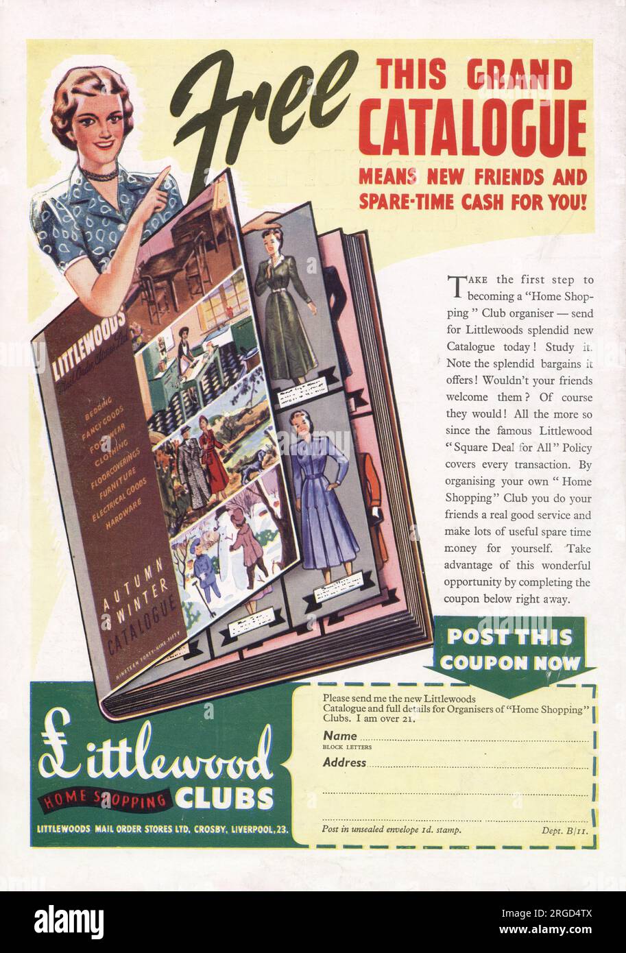 Advertisement for Littlewoods Home Shopping Clubs, recruiting Club organisers. Litttlewoods began as a football pools betting company in Liverpool, 1923, and expanded into home shopping in 1932, initially targeting their pools customers. Women organised clubs so that friends and family could shop via catalogue and spread payments. Stock Photo