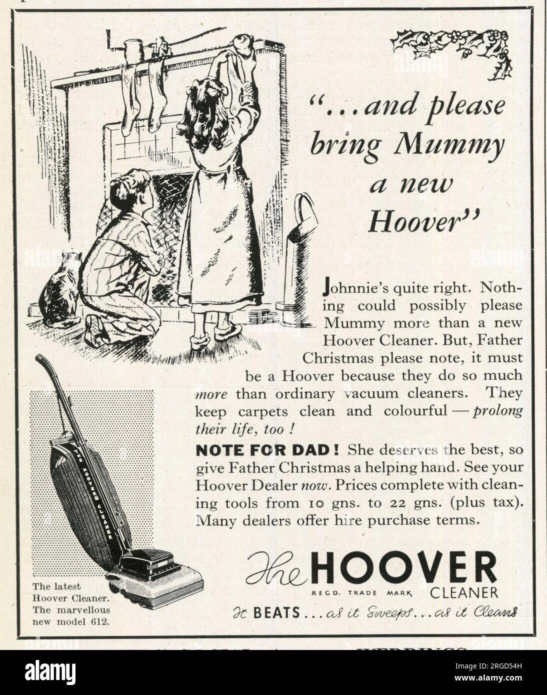 Advert, '... and please bring Mummy a new Hoover' - children hang up their Christmas stockings Stock Photo
