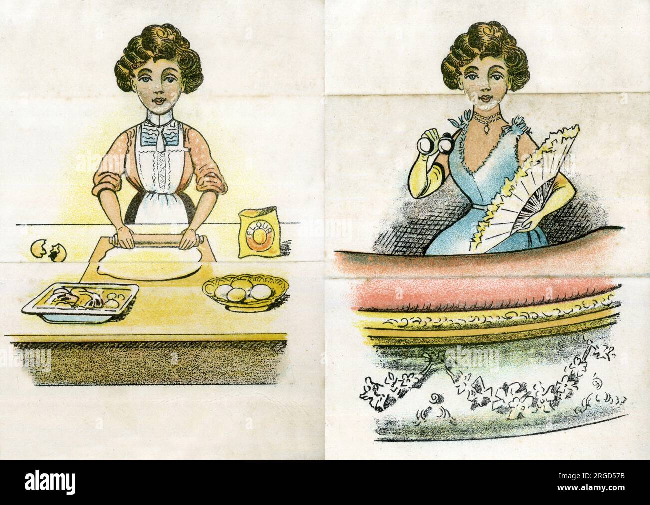 Upstairs Downstairs, cook in the kitchen rolling out pastry (L) and lady at the opera (R) Stock Photo