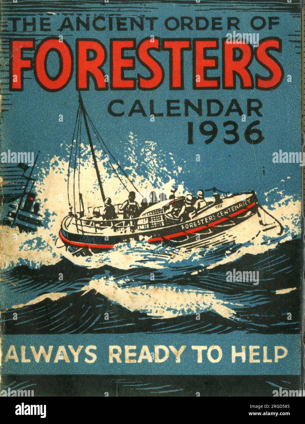 Calendar cover, The Ancient Order of Foresters, Always Ready To Help - lifeboat rescue scene. Stock Photo