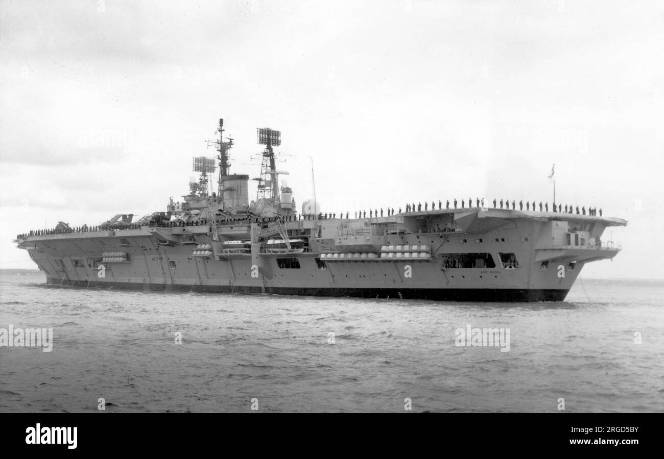 HMS Ark Royal R07, entering harbour with decks lined, in July 1972 ...