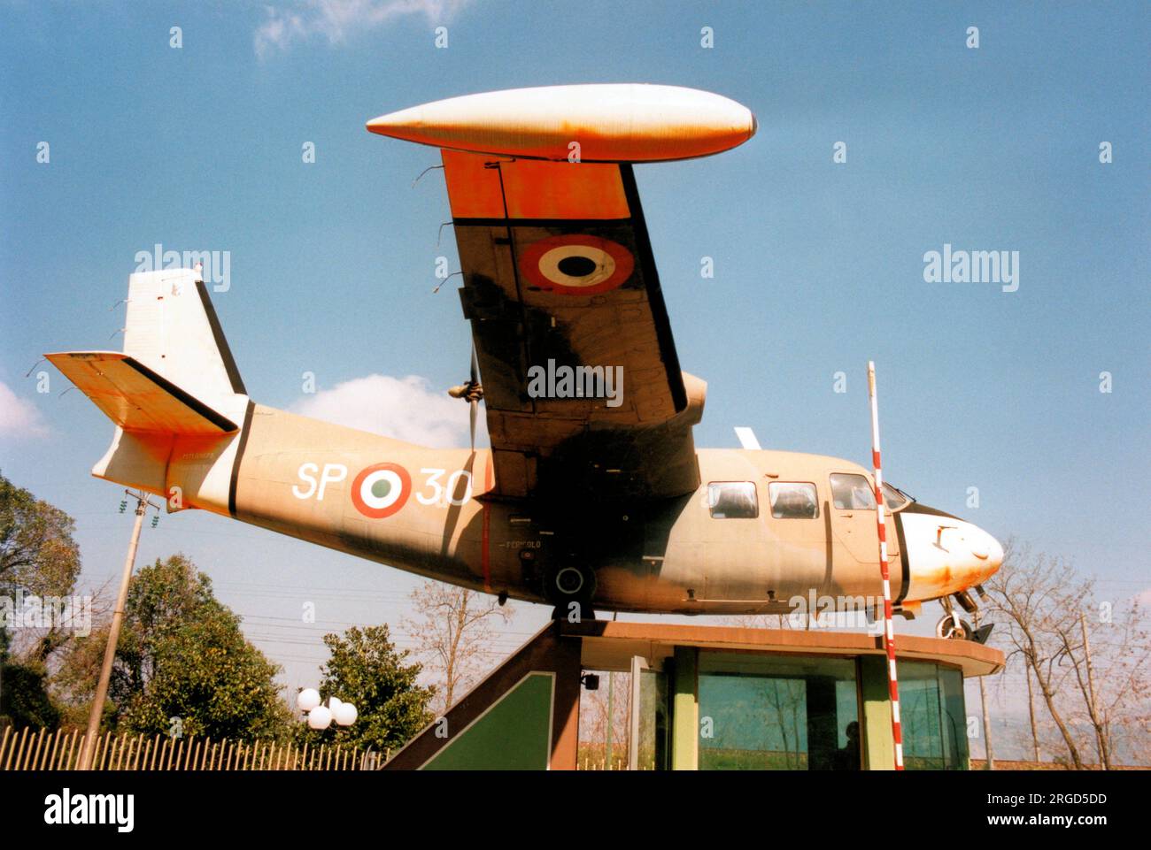 Piaggio P-166M MM61873 - SP-30 (msn 381/30), mounted on a plinth at Latina Air Force Base - LIRL, Italy. Stock Photo