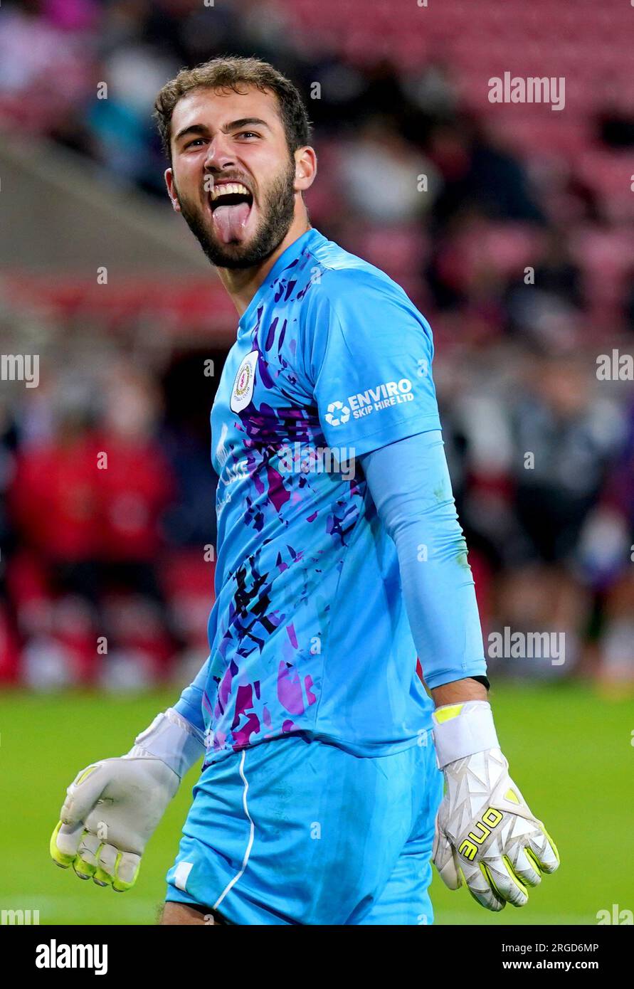 Crewe Alexandra goalkeeper Harvey Davies celebrates after saving a penalty from Sunderland's Pierre Ekwah during the penalty shoot-out of the Carabao Cup first round match at the Stadium of Light, Sunderland. Picture date: Tuesday August 8, 2023. Stock Photo