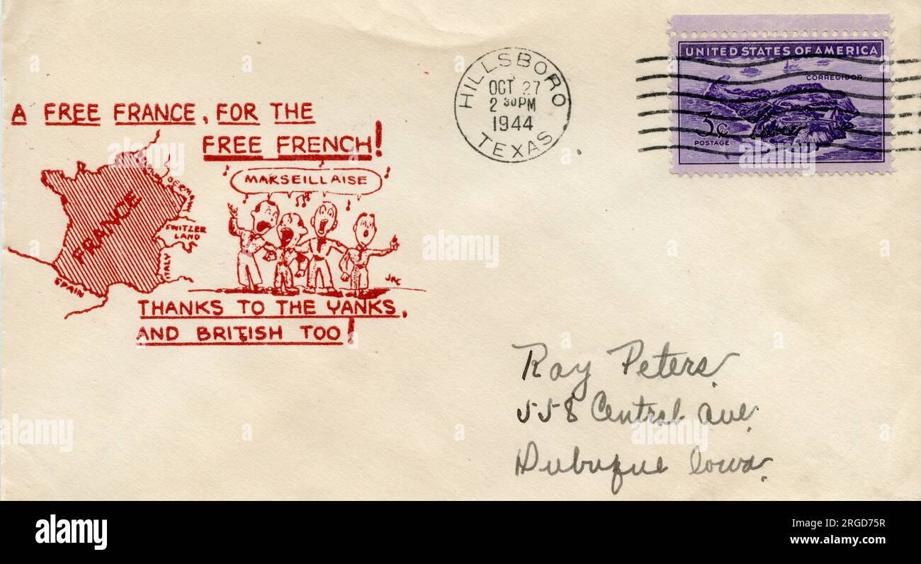 WW2 envelope, A Free France, for the Free French! Thanks to the Yanks and British too! Stock Photo