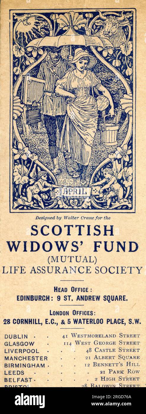 Advertising bookmark, April, designed by Walter Crane for Scottish Widows' Fund (Mutual) Life Assurance Society Stock Photo