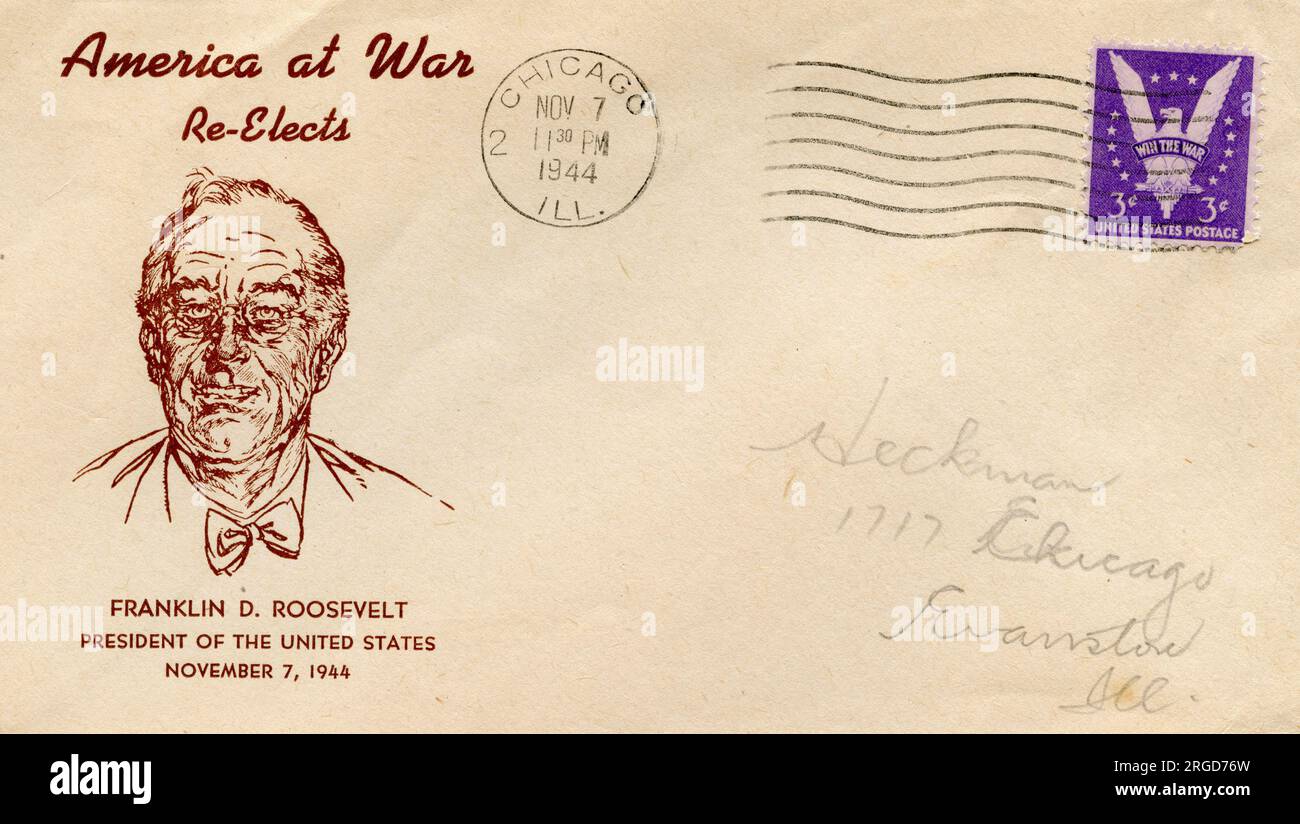 America at War Re-Elects Franklin D. Roosevelt, President of the United States, 7 November 1944 - USA WW2 commemorative postal cover envelope Stock Photo