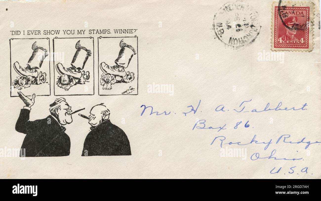 Franklin D. Roosevelt to Winston Churchill, 'Did I ever show you my stamps, Winnie?' - WW2 cartoon postal cover envelope, with Canadian stamp and postmark, with boots stamping on Hitler, Mussolini and Hideki Tojo Stock Photo