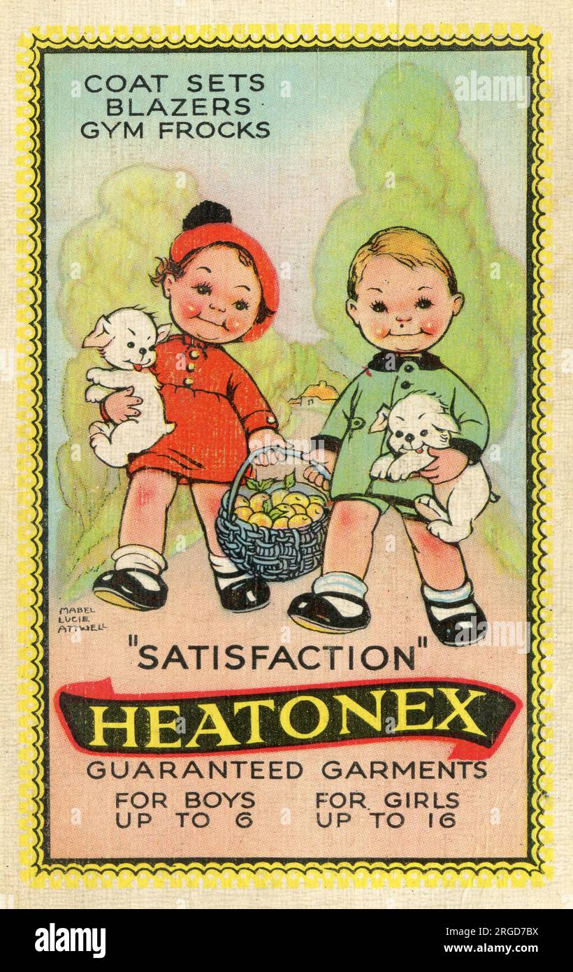 Advert, Heatonex guaranteed garments for boys and girls, coat sets, blazers, gym frocks, drawn by Mabel Lucie Attwell Stock Photo