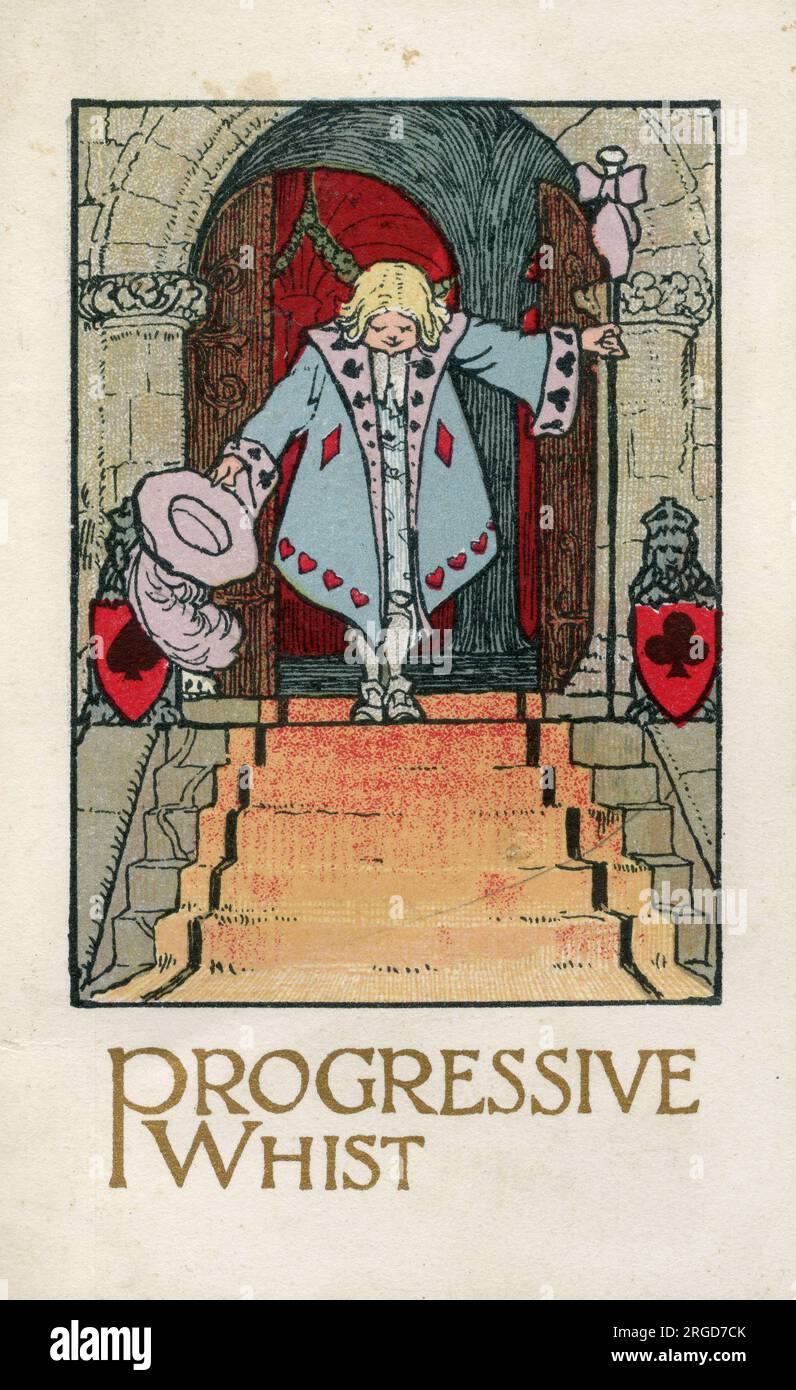 Progressive Whist playing cards scorecard, servant bowing Stock Photo